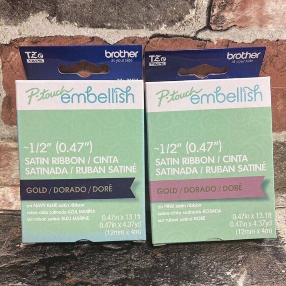 Brother P-Touch Embellish Satin Ribbon Gold On‎ Pink & Blue (LOT OF 2) NIB